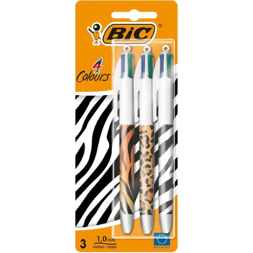 BIC 4 COLOURI ANIMALIER PENNA A SFERA TRATTO 1 mm INCHIOSTRO COLORI ASSORTITI CONF 3 Pz.